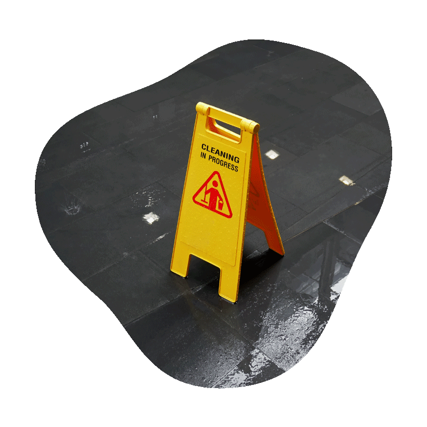 Yellow warning sign on a wet floor