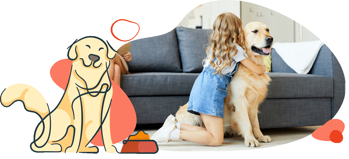 Girl hugging her golden retriever in the living room