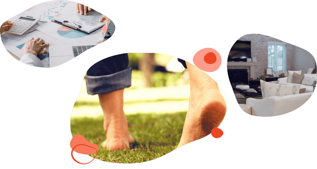 Loan paperwork and a calculator, bare feet on a lawn and a bright living room