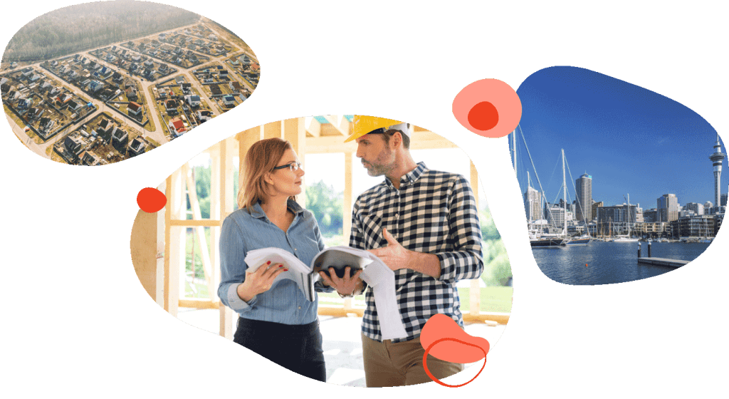Suburb from above, a builder showing plans to a client, and a city waterfront