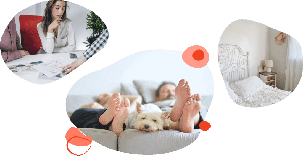 Woman reviewing her bills, and a couple relaxing on the sofa with their dog