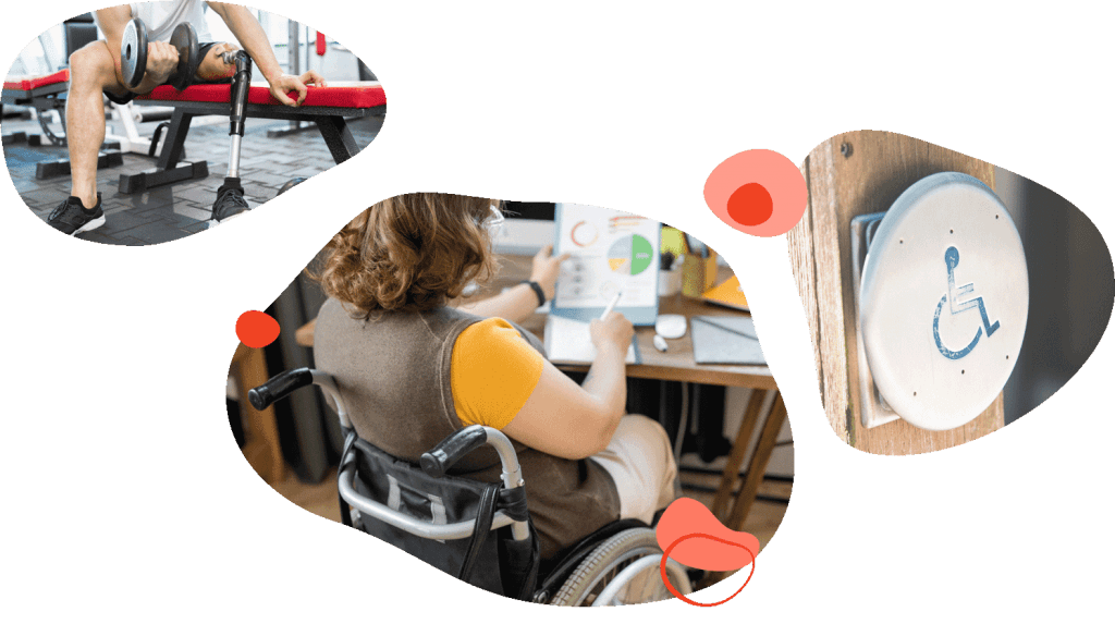 Man with a prosthetic leg at the gym and a woman in a wheelchair working at her desk