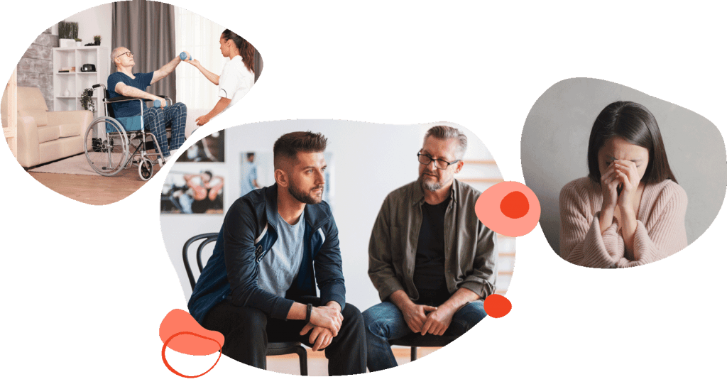 Carer helping a man in a wheelchair, two men talking in a support group, and a woman in distress
