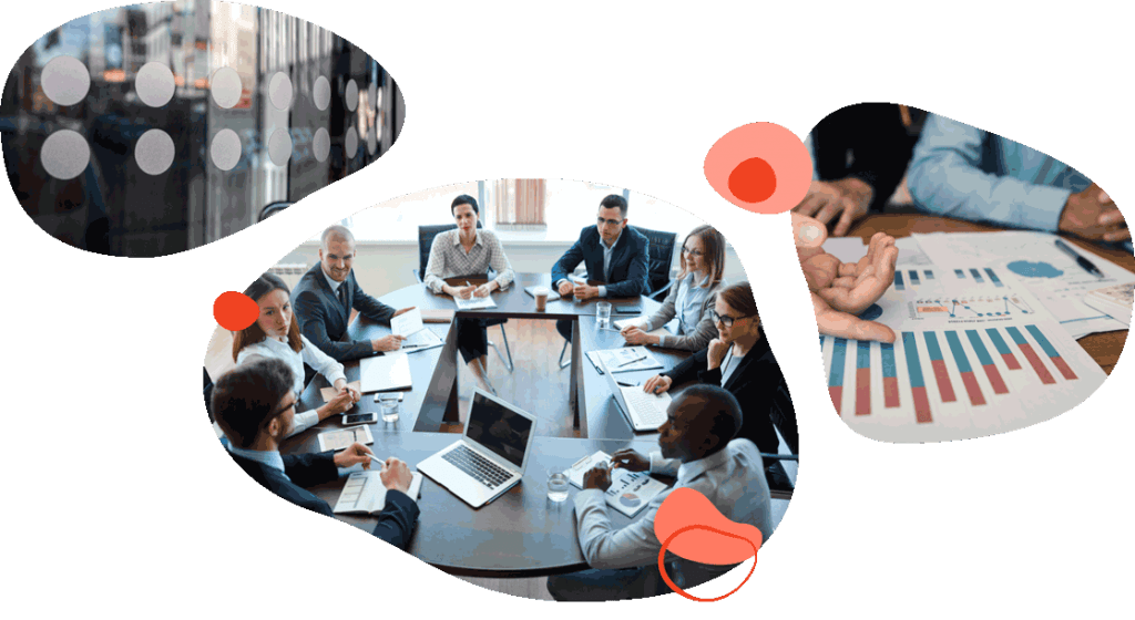 Shareholders meeting around a boardroom table, with financial charts