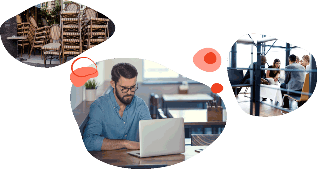 Business owner working on a laptop, and a team meeting in an office